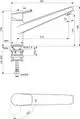 Ideal Standard Küchenarmatur mit einem schlanken Design, einer Armatur mit einem Drehhebel und einer klaren Form. Technische Abmessungen unten dargestellt.